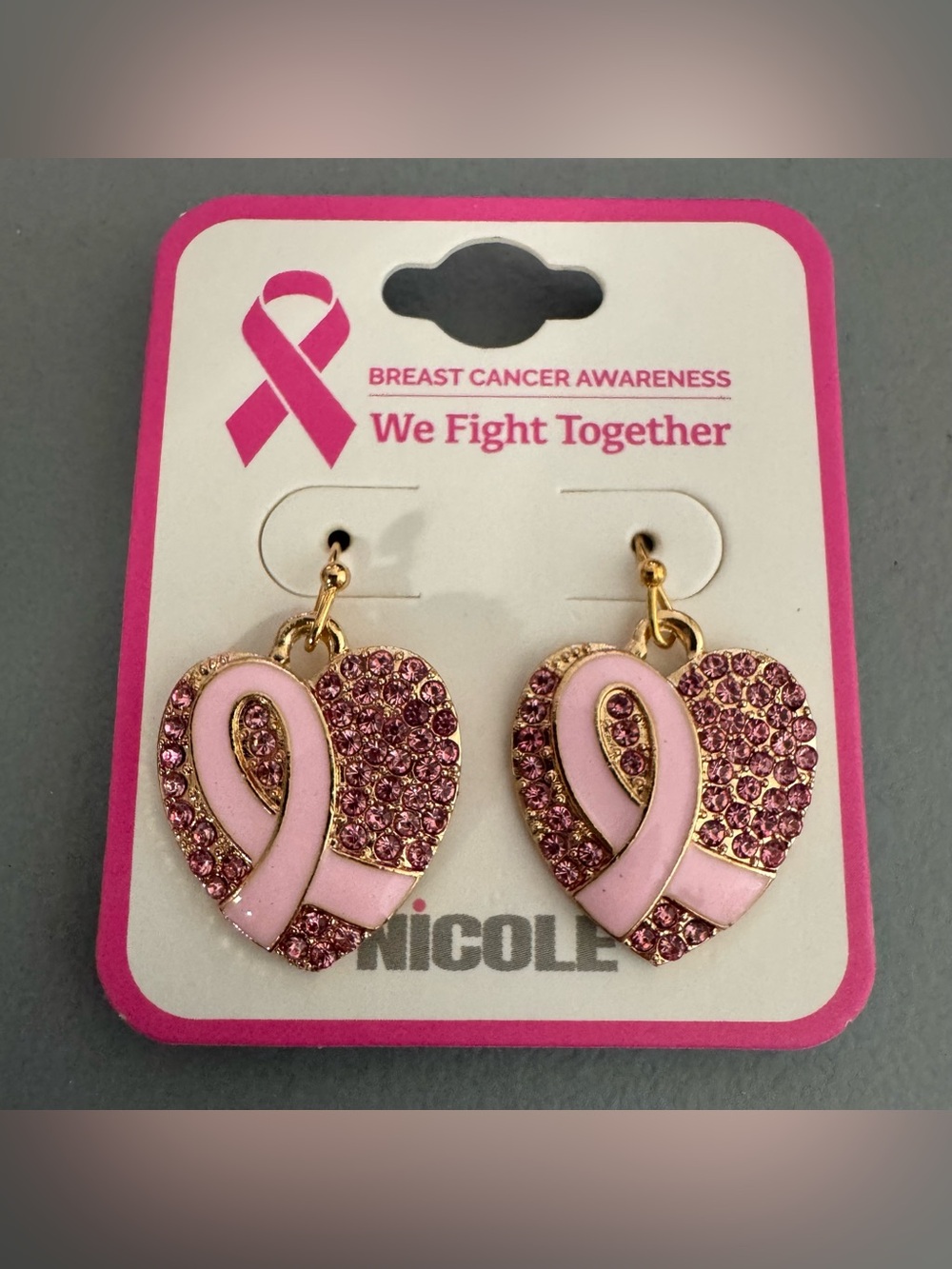 Nicole Pink Ribbon breast cancer awareness Heart Dangle Earrings Crystal glam
